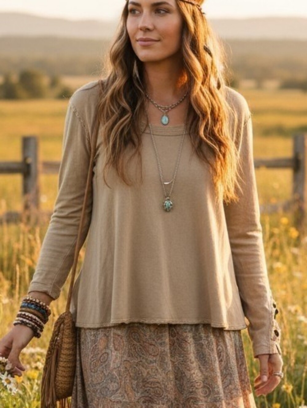 Free People We The Free Beige Oversized Long Sleeve Tee with Button Cuff Detail